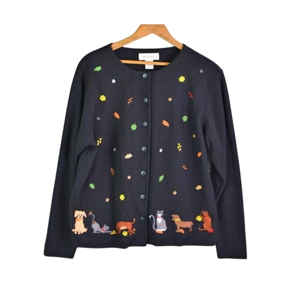 Bechamel Womens sz Small Vintage y2 Leaves, Cats & Dogs cotton knit cardigan